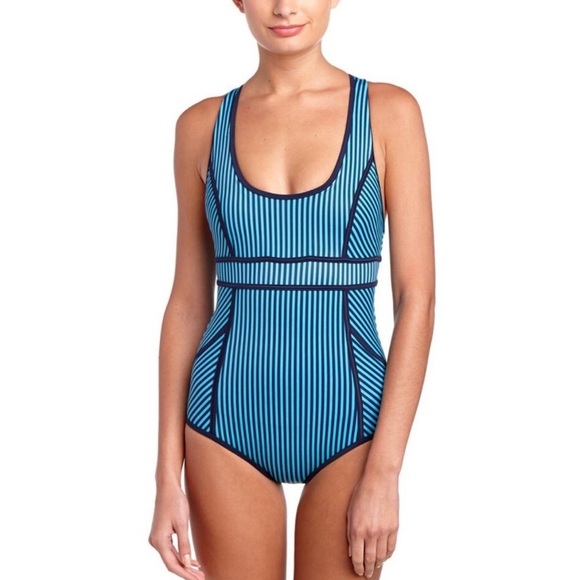 NWT Spanx Hourglass Shaping Swimsuit One Piece Navy Splash Thin Stripe Size 16 - Picture 1 of 6